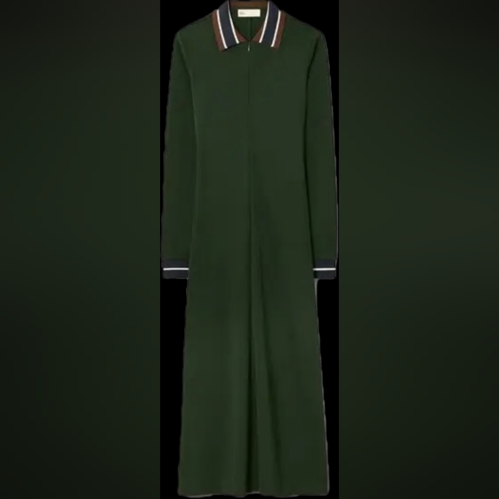 Tory Burch Dark Green Long Sleeve Dress with Striped Collar